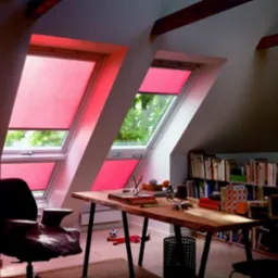 Poddasze z oknami dachowymi wyposażonymi w czerwone rolety materiałowe, drewniany stół roboczy z książkami i artykułami biurowymi, widok na zieleń za oknem.