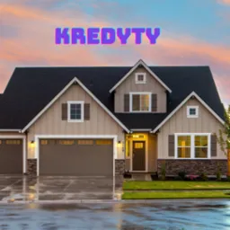Dwupiętrowy dom jednorodzinny z garażem, oświetlony wieczornym światłem, z napisem 'Kredyty' na niebie.