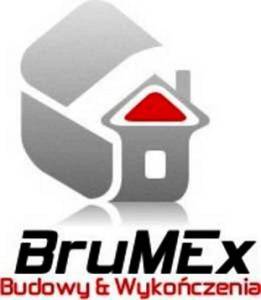 Logo firmy BruMex z motywem domu z czerwonym dachem i hasłem 'Budowy & Wykończenia' poniżej, na białym tle.