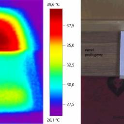 AZ TERMO-EFEKT Termowizja,folia grzewcza na podczerwień - Termowizyjne zdjęcie rozkładu temperatur na panelu podłogowym, regipsie i płytce ceramicznej ogrzewanych folią grzewczą Red Snake