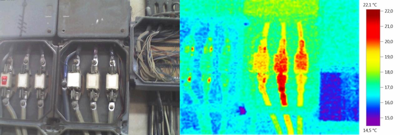 Otwarta skrzynka elektryczna z bezpiecznikami topikowymi obok termogramu wskazującego temperaturę poszczególnych elementów instalacji.
