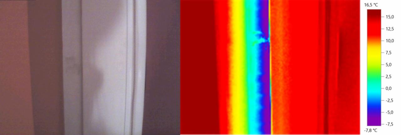 Termowizyjne badanie ściany wewnętrznej, widoczne różnice temperatur wskazujące na potencjalne mostki termiczne i nieszczelności, skala temperatur po prawej stronie.