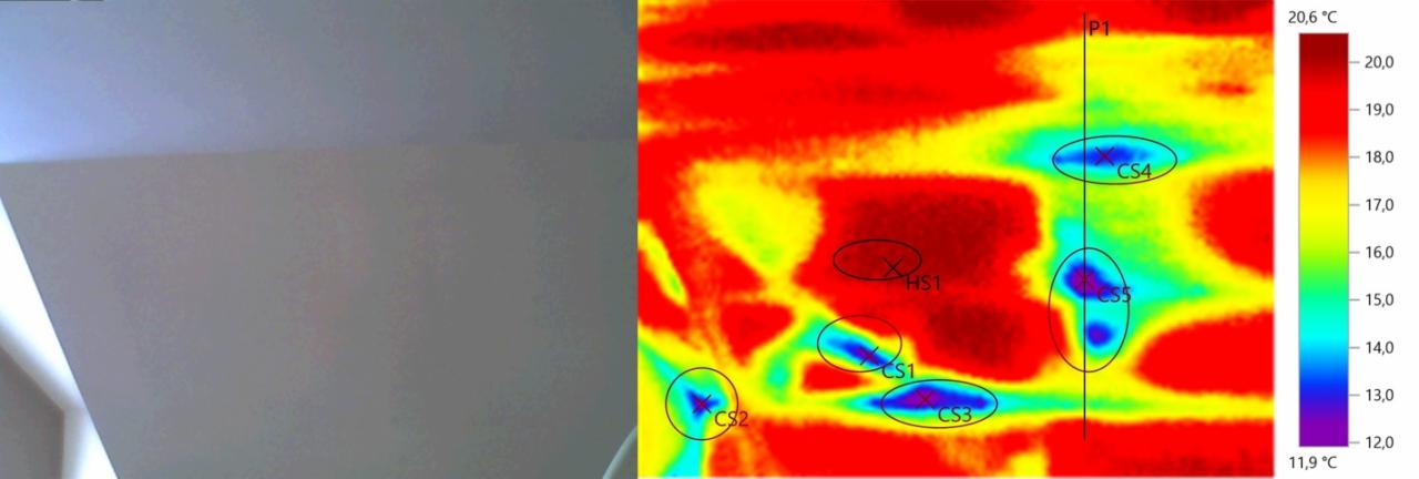 Termowizyjne badanie sufitu, widoczne obszary o różnej temperaturze oznaczone kolorami i punktami pomiarowymi (CS1, CS2, CS3, CS4, HS1), skala temperatur po prawej stronie.