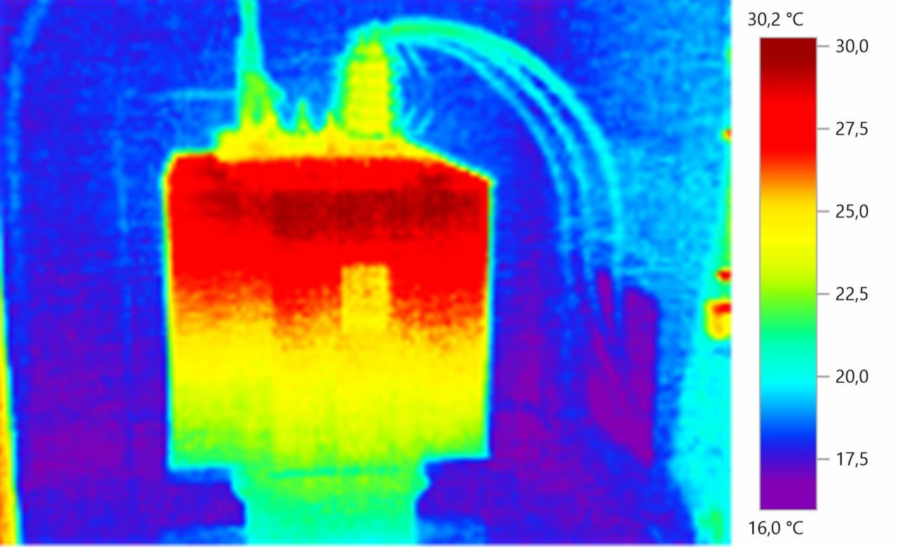 Termowizyjne zdjęcie rozdzielnicy elektrycznej, pokazujące rozkład temperatur na jej elementach, z zaznaczoną skalą temperatur od 16 do 30.2 stopni Celsjusza.