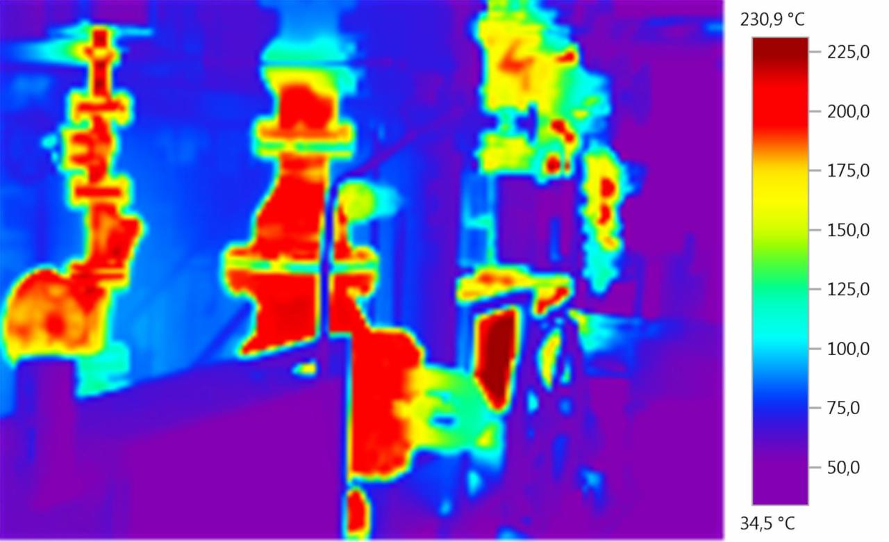Termowizyjne badanie instalacji grzewczej, wizualizacja rozkładu temperatur na rurach i zaworach, skala temperatur w stopniach Celsjusza po prawej stronie.