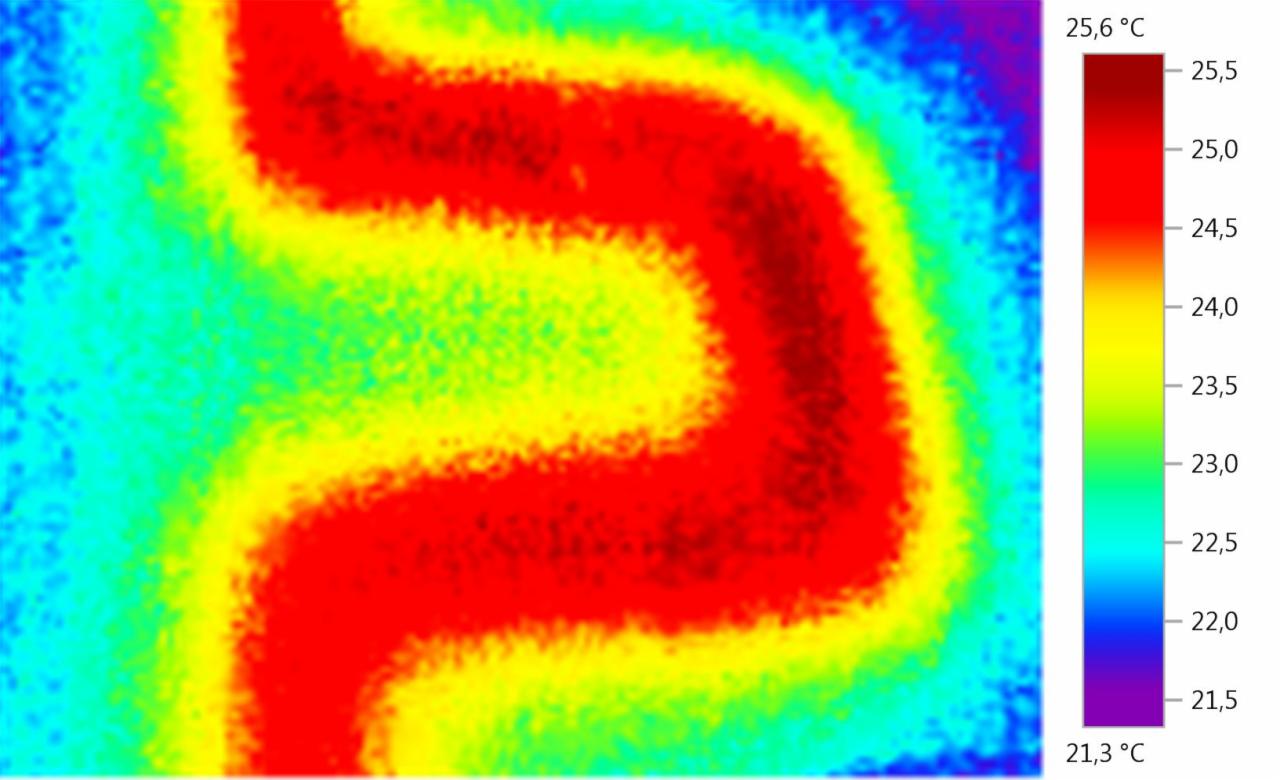 Termowizyjne zdjęcie maty grzewczej w kształcie litery S, z zaznaczonym zakresem temperatur od 21.3 do 25.6 stopni Celsjusza.