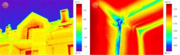 Termowizja budynku z zaznaczonymi temperaturami, widoczne straty ciepła na dachu i w narożnikach.