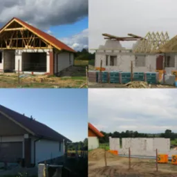 Cztery ujęcia domu w różnych fazach budowy: od fundamentów z bloczków, przez konstrukcję dachu z drewnianych belek, po gotowy budynek z ceglastym dachem i drewnianą elewacją.