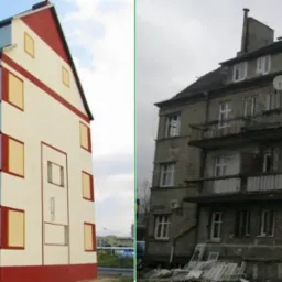 Porównanie budynku przed i po remoncie elewacji: odnowiona, ocieplona ściana w jasnych kolorach z balkonami kontrastuje z szarą, zaniedbaną ścianą z satelitami.