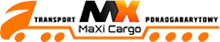 Pomarańczowo-czarne logo firmy Maxi Cargo z napisem TRANSPORT ponadgabarytowy.