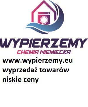 Grafika reklamowa z logo firmy 'WYPIERZEMY' oferującej chemię niemiecką, z adresem strony internetowej i informacją o wyprzedaży towarów w niskich cenach. W tle stylizowany symbol pralki w obrysie...