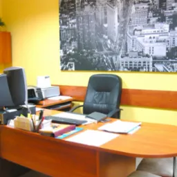 Biuro z żółtymi ścianami, drewnianym biurkiem, czarnym krzesłem biurowym i czarno-białym zdjęciem panoramy miasta na ścianie.