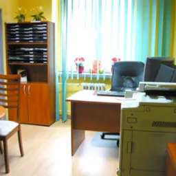 Biuro pośrednictwa nieruchomości w Katowicach: widok na biurko z komputerem, dużą drukarką i szafę z segregatorami w tle, jasne ściany i okno z zasłonami.