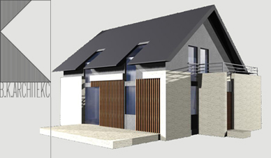 Wizualizacja 3D nowoczesnego domu jednorodzinnego z szarym dachem, drewnianymi panelami elewacyjnymi i balkonem, obok widoczne logo architekta.