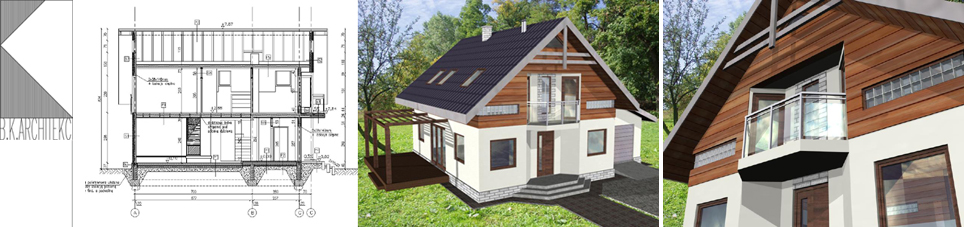 Wizualizacja projektu domu dwukondygnacyjnego z balkonem, przekrój architektoniczny budynku oraz logo architekta.