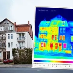 Termowizyjne badanie budynku mieszkalnego, ukazujące straty ciepła przed i po potencjalnym ociepleniu elewacji, z zaznaczeniem różnic temperatur w różnych obszarach budynku.