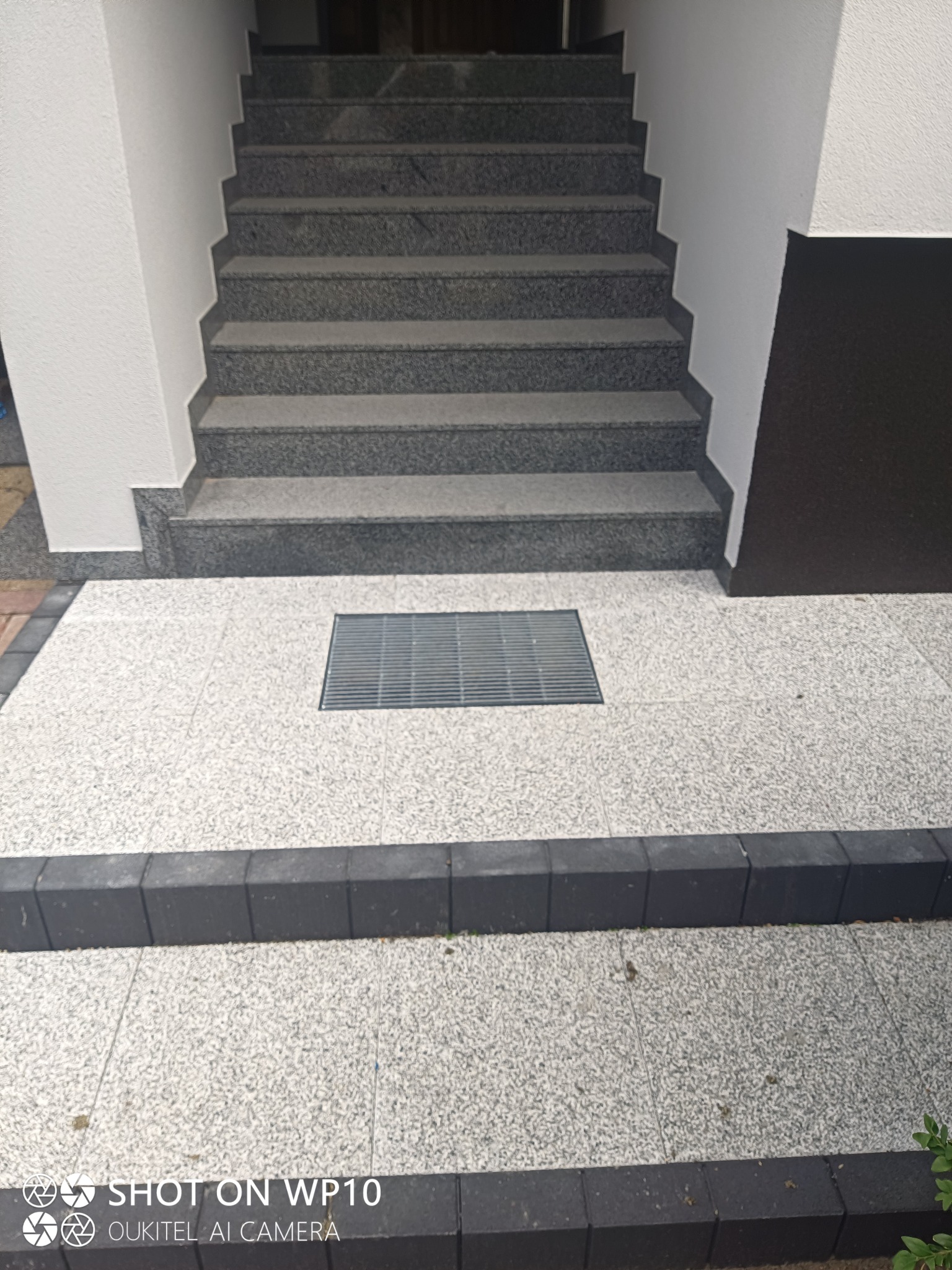 Granitowe schody zewnętrzne prowadzące do budynku, z kratką ściekową wkomponowaną w jasną, granitową posadzkę, obramowaną ciemnymi kostkami brukowymi.