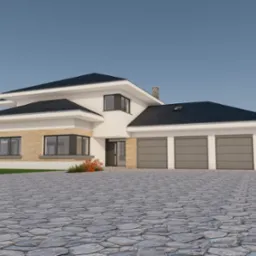 Wizualizacja dwukondygnacyjnego domu z płaskim dachem, trzema garażami i podjazdem z kamiennej kostki.