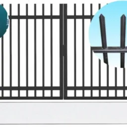 Czarna brama skrzydłowa z metalowymi prętami i ozdobnymi grotami, zamontowana na betonowej podstawie; detale zawiasów i zakończeń prętów powiększone w okręgach.