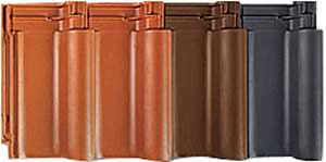 Prezentacja czterech dachówek ceramicznych Rupp Ceramika w odcieniach czerwieni, brązu i grafitu, ułożonych pionowo obok siebie.