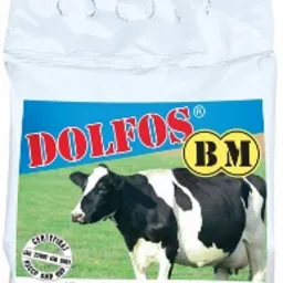 Worek paszy dla bydła mlecznego marki Dolfos BM, z wyraźnie widocznym wizerunkiem krowy rasy holsztyńsko-fryzyjskiej na tle zielonego pastwiska.