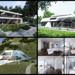 Kompilacja wizualizacji nowoczesnych domów: dwukondygnacyjny dom z drewnianą elewacją i białym dachem, dom z czarno-białą elewacją i zielonym trawnikiem oraz futurystyczny dom z basenem na zboczu...