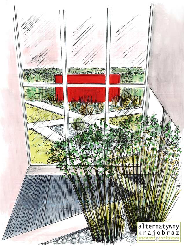 Szkic koncepcyjny ogrodu widoczny przez okno, z geometrycznymi ścieżkami, czerwonymi donicami i roślinnością, z roślinami doniczkowymi wewnątrz pomieszczenia.