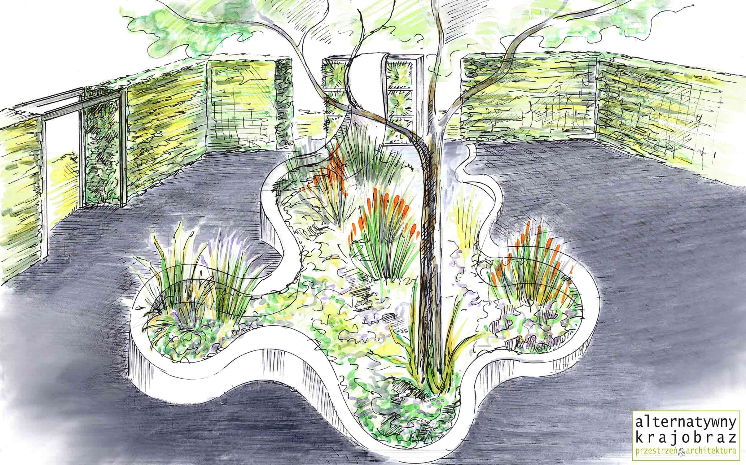 Szkic koncepcyjny ogrodu z centralnie umieszczoną rabatą o nieregularnym kształcie, otoczoną niskim, białym obrzeżem, widok z góry, zarys zieleni i drzew z tyłu.