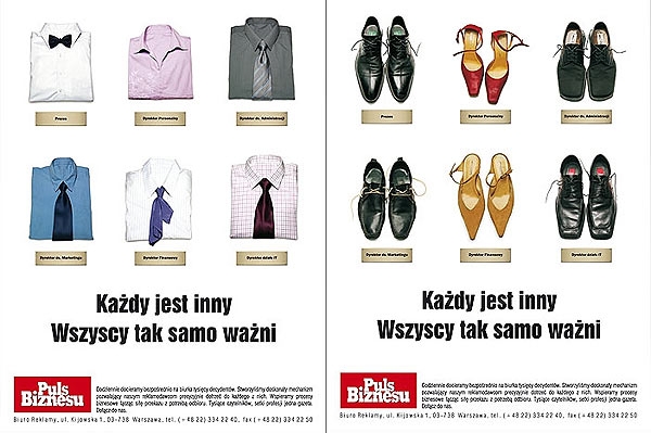 Kolaż przedstawiający zestawienia ubrań (koszule, buty) dla różnych stanowisk w firmie, podkreślający indywidualność i wartość każdego pracownika, z hasłem 'Każdy jest inny, wszyscy tak samo ważni'...