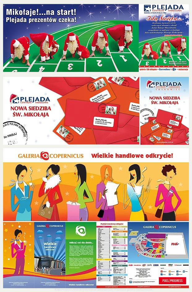 Kolaż reklamowy promujący centrum handlowe Plejada i Galerię Copernicus, z motywami świątecznymi, informacją o nowej siedzibie św. Mikołaja, sylwetkami kobiet i mapą sklepów.