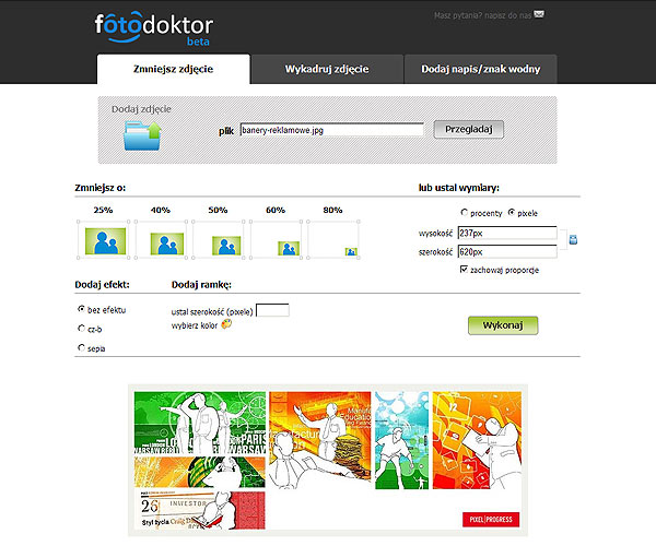 Interfejs edytora graficznego online z otwartym plikiem 'banery-reklamowe.jpg', opcje zmiany rozmiaru, dodawania efektów i ramek, poniżej podgląd grafiki z motywami z Warszawy i Paryża.