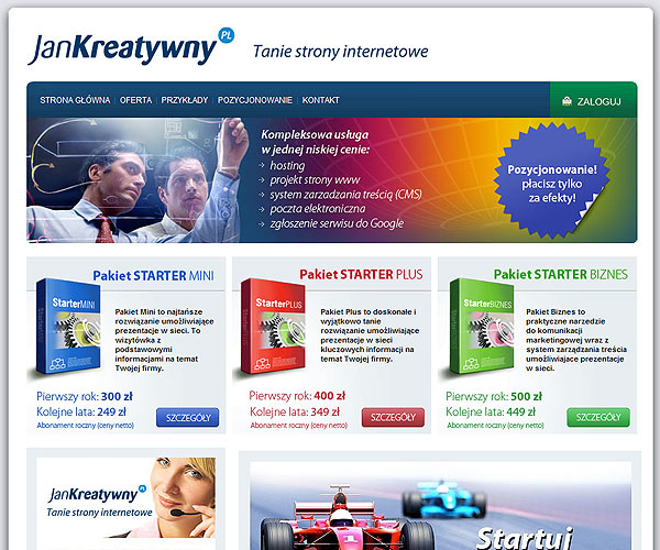 Zrzut ekranu strony internetowej firmy oferującej pakiety usług internetowych, z widocznymi cenami i opisami pakietów Starter Mini, Starter Plus i Starter Biznes, oraz elementami graficznymi...