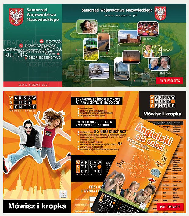 Kolaż reklamowy szkoły językowej Warsaw Study Centre z hasłem 'Mówisz i kropka'. Zawiera zdjęcia uśmiechniętych uczniów, informacje o kursach języka angielskiego dla dzieci, komfortowych ośrodkach...