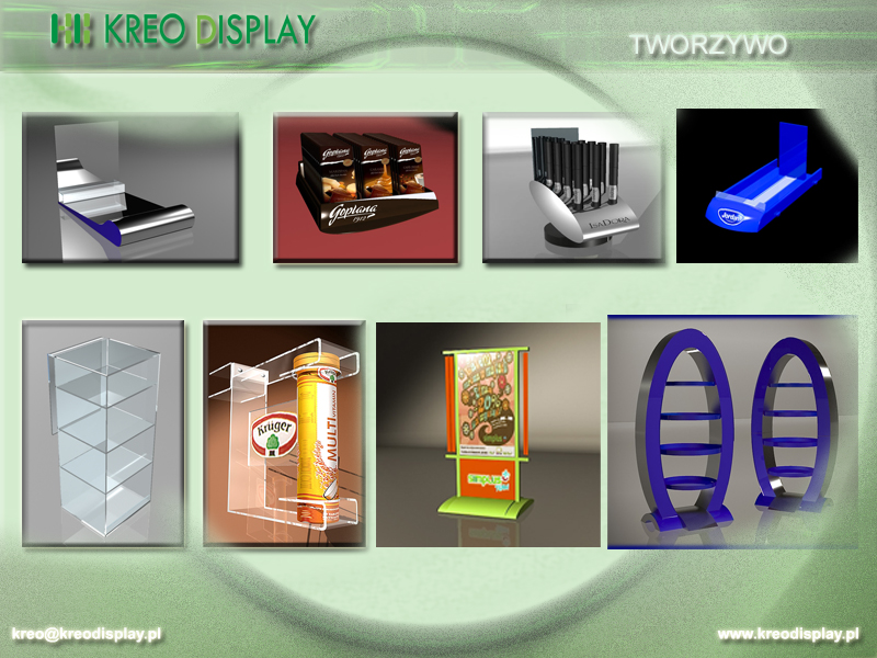 Kompozycja wizualizacji 3D prezentująca różnorodne ekspozytory i stojaki reklamowe z tworzyw sztucznych: półki na produkty spożywcze, kosmetyki, napoje, oraz regały ekspozycyjne, na neutralnym tle.