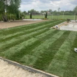 Świeżo ułożona, wzorzysta trawa z rolki w ogrodzie, z widocznymi liniami koszenia, obrzeżami trawnika i elementami krajobrazu w tle. Pochmurne niebo.