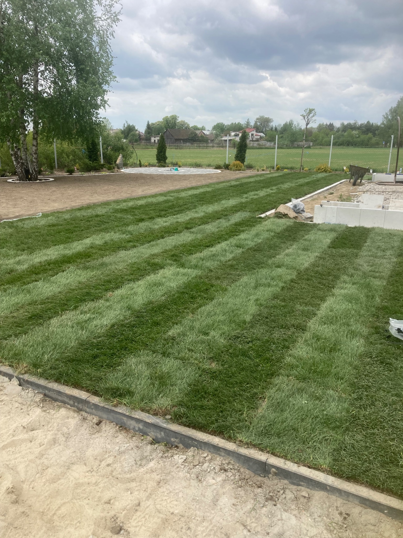 Świeżo ułożona, wzorzysta trawa z rolki w ogrodzie, z widocznymi liniami koszenia, obrzeżami trawnika i elementami krajobrazu w tle. Pochmurne niebo.