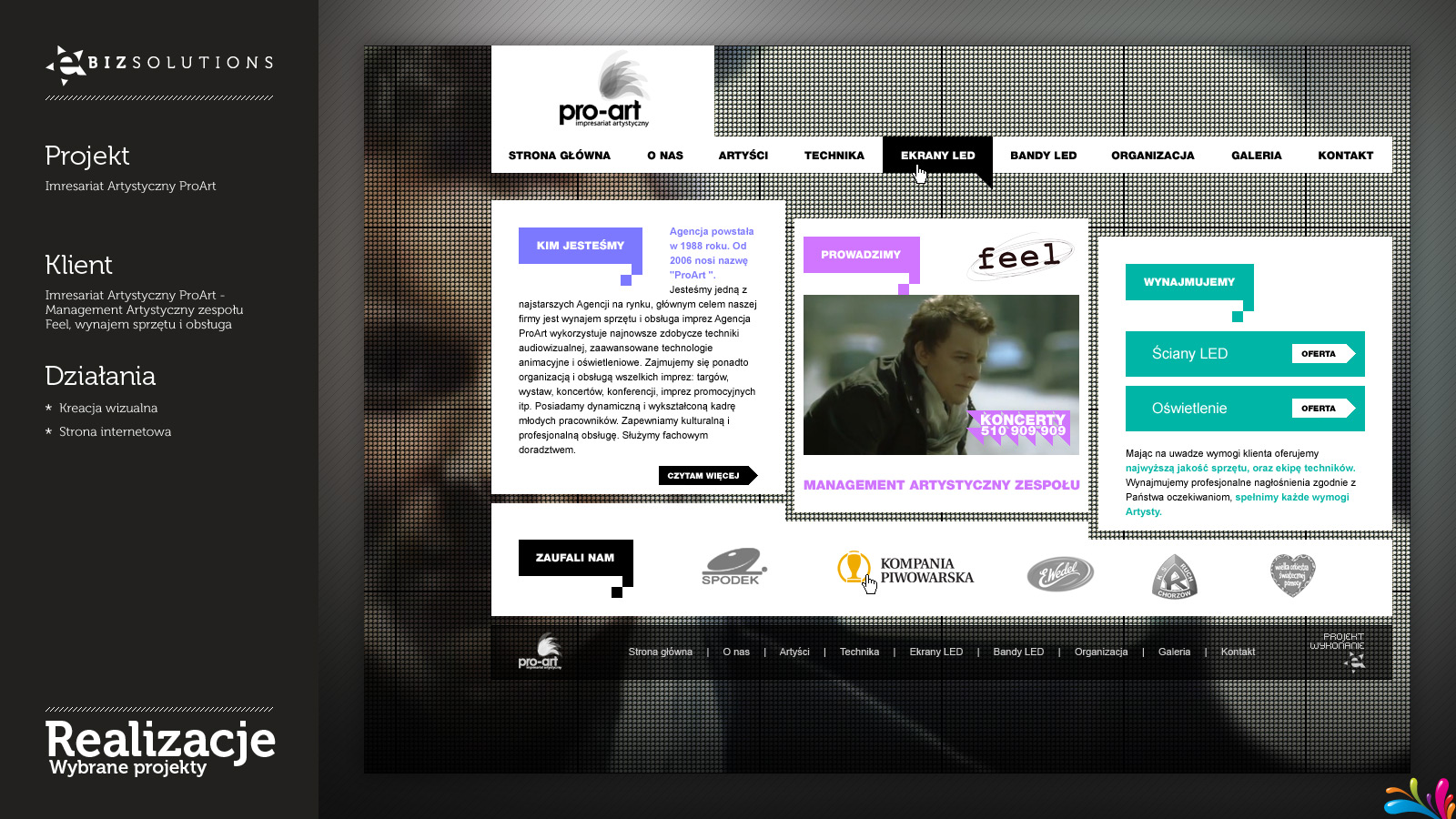 Zrzut ekranu strony internetowej firmy z branży artystycznej i eventowej, prezentujący ofertę wynajmu sprzętu i obsługi imprez, z elementami graficznymi i nawigacją.