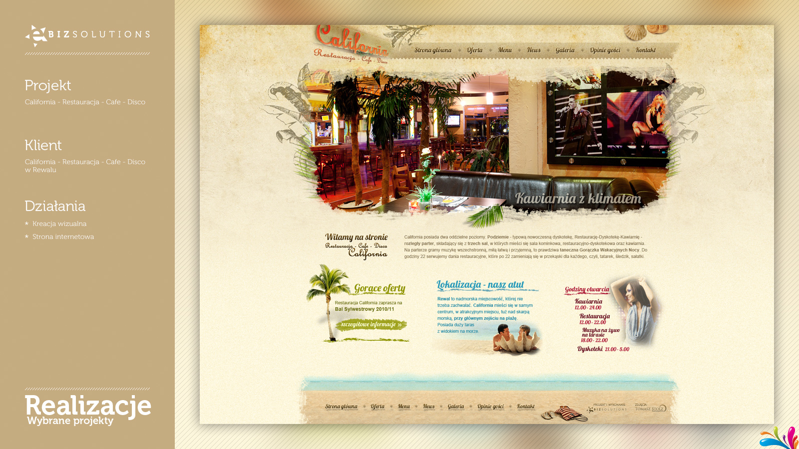 Projekt strony internetowej restauracji z palmami i wnętrzem lokalu, utrzymany w ciepłej, piaskowej kolorystyce z elementami graficznymi imitującymi akwarele.