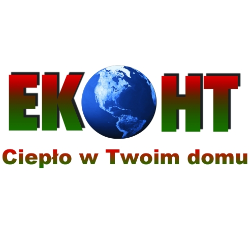 Logo firmy EKO-HT z globusem zamiast litery 'O', napis 'Ciepło w Twoim domu' pod spodem.