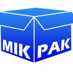 Grafika przedstawia niebieski, otwarty karton z białą nazwą firmy 'MIK PAK' na froncie, umieszczony na białym tle.