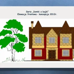Projekt elewacji frontowej budynku z serii 'Domki z bajki', koncepcja z 2012 roku, z drzewem po lewej stronie.