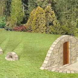 Ziemianka z kamiennym wejściem i dwoma otworami wentylacyjnymi na trawiastym wzgórzu, otoczona drzewami.