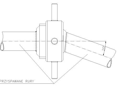 Schemat techniczny złączki kulowej do rur stalowych, ukazujący spawane połączenia i kąt nachylenia.