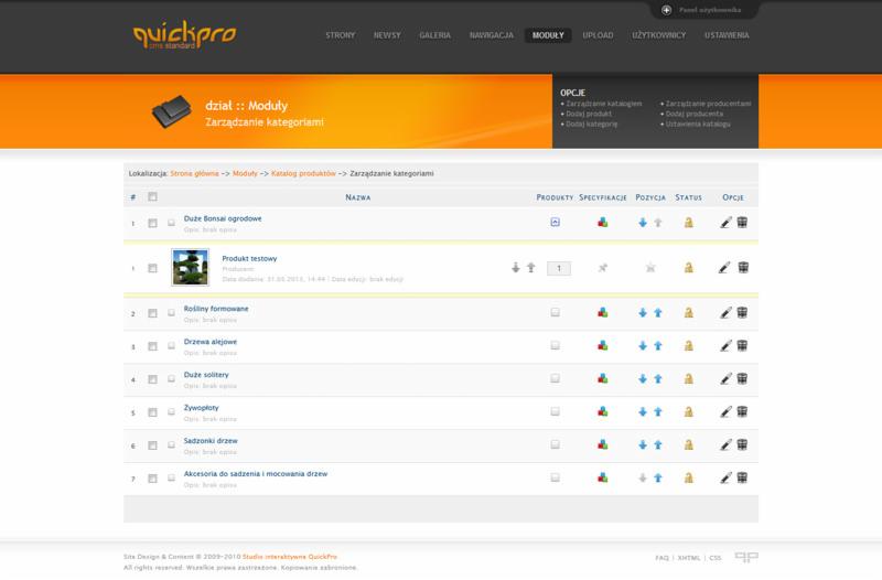Panel administracyjny systemu CMS z listą kategorii produktów: Bonsai ogrodowe, Rośliny formowane, Drzewa alejowe, Duże solitery, Żywopłoty, Sadzonki drzew, Akcesoria do sadzenia drzew.