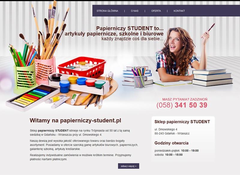 Projekt strony internetowej sklepu z artykułami papierniczymi, prezentujący asortyment: farby, pędzle, kredki, oraz uśmiechniętą kobietę z długopisem.