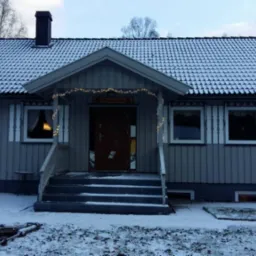 Szary, drewniany dom jednorodzinny z oknami, dekoracjami świątecznymi i pokrytym śniegiem dachem w zimowym krajobrazie Norwegii. Widoczne schody wejściowe i fragmenty materiałów budowlanych...