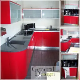 Nowoczesna kuchnia z czerwonymi, lakierowanymi frontami, szarym blatem i białymi szafkami wiszącymi z matowym szkłem, uzupełniona o sprzęt AGD w kolorze czarnym.