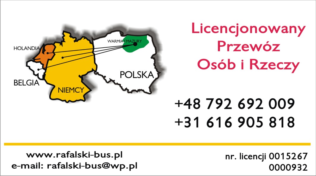 Mapa Europy z zaznaczonymi krajami Holandii, Belgii i Niemiec oraz regionem Warmii i Mazur w Polsce, obok napis 'Licencjonowany Przewóz Osób i Rzeczy' oraz numery telefonów i adres e-mail firmy...