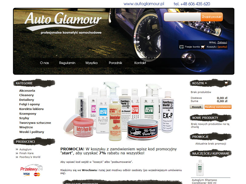 Strona internetowa sklepu z kosmetykami samochodowymi Auto Glamour, prezentująca ofertę produktów do pielęgnacji aut, z widocznym niebieskim samochodem w tle i różnorodnymi preparatami na pierwszym...