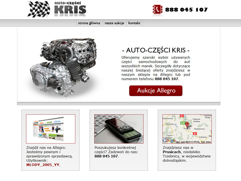 Strona internetowa firmy Auto-Części KRIS z widocznym silnikiem samochodowym i informacjami kontaktowymi.